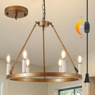 6 Lights DIMMABLE Plug in Wagon Wheel Chandelier, 20.5" Gold Rustic Hanging Lights with Long Cord