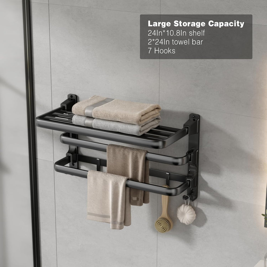 24-Inch Towel Rack,Bathroom Towel Shelf with 2 Towel Bar Foldable Towel Holder with 7 Hooks Towel Storage Organizer &
