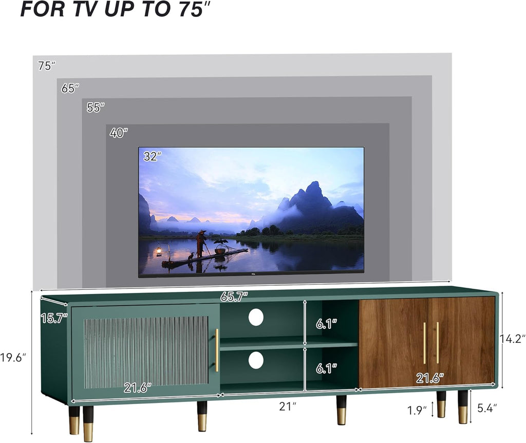 TV Stand with Glass Sliding Door, 66” Mid Century Modern TV Cabinet for TVs up to 75 inch, Entertainment Center with Storage Cabinet, Television Console for Living Room, Bedroom, Green