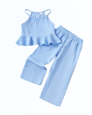 Toddler Girls Outfit Kids Clothes Blue Ruffle Summer Linen Pants 2Pcs