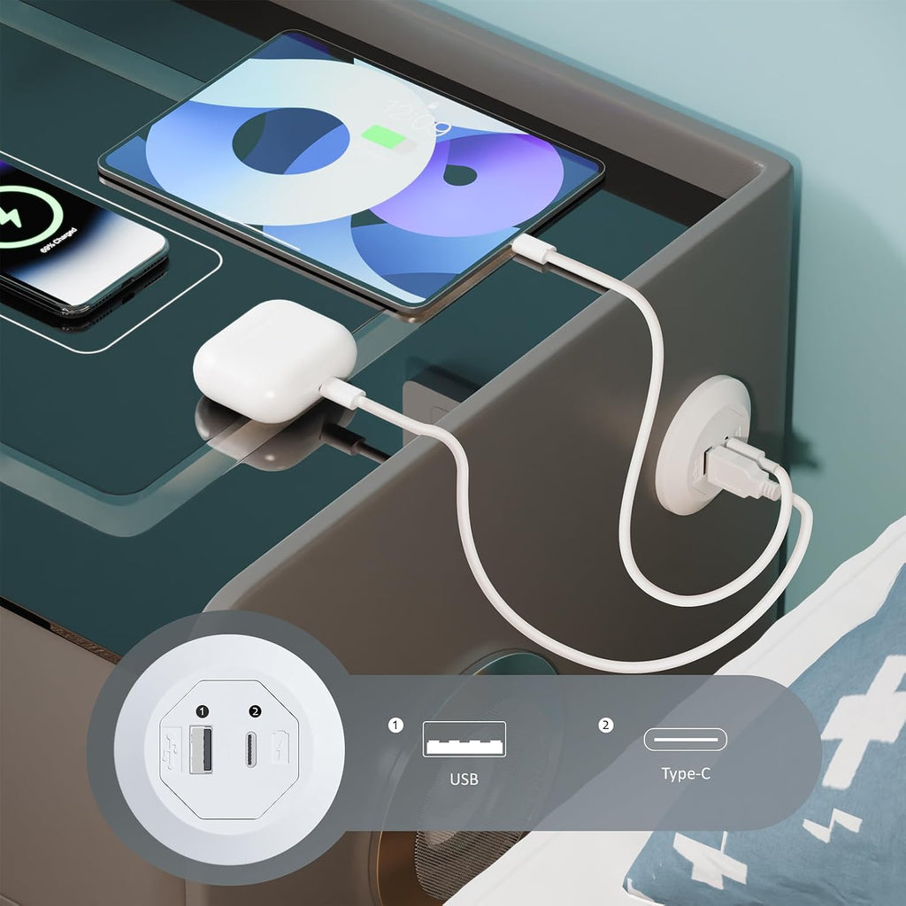 Smart Nightstand Wireless Charging, Modern Nightstand with Fingerprint Locking Drawer, 2 USB & LED Lights Bluetooth