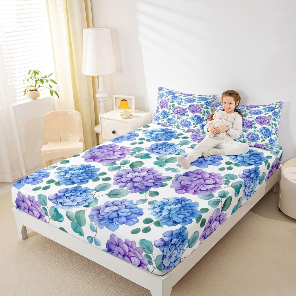 Hydrangea Eucalyptus Sheet Set King Eucalyptus Leaves Bed Sheets Set, Watercolor Floral Print Flat Fitted Sheet with