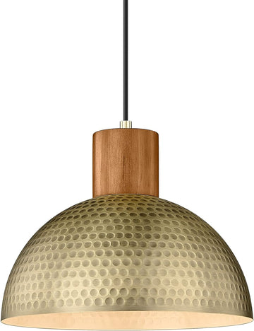 Vintage Pendant Light Fixtures, 12" Brushed Brass Hammered Metal & Rubber Wood Industrial Dome Hanging Lamp, Antique