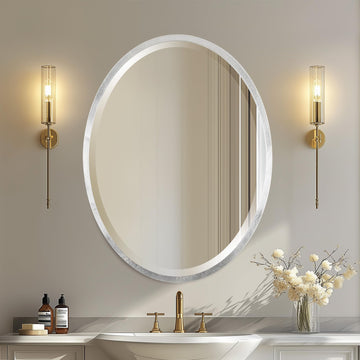 Oval Wooden Beveled Wall Mirror Decor, Bathroom, Vanity, Bedroom, Living Room, Hallway - London Style (Silver Leaf