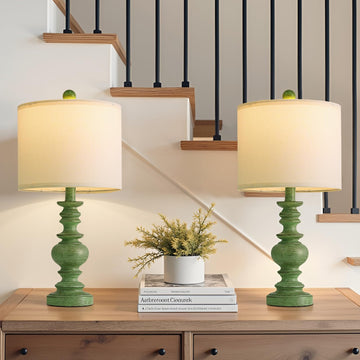 20" Sage Green Table Lamps Set of 2 - Farmhouse Resin Bedside Lamps with Linen Shades, Handcrafted Traditional Rustic