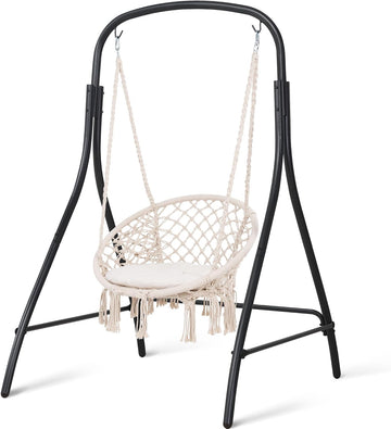 Indoor Hammock Swing Chair with Stand, Hanging Chair Outdoor with Stand, 400 lbs Capacity, Beige