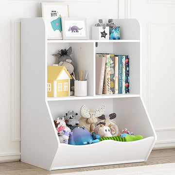 Kids Bookshelf and Toy Storage Organizer, 3 Cubby Kids Bookcase with Open Toy Cabinet, White