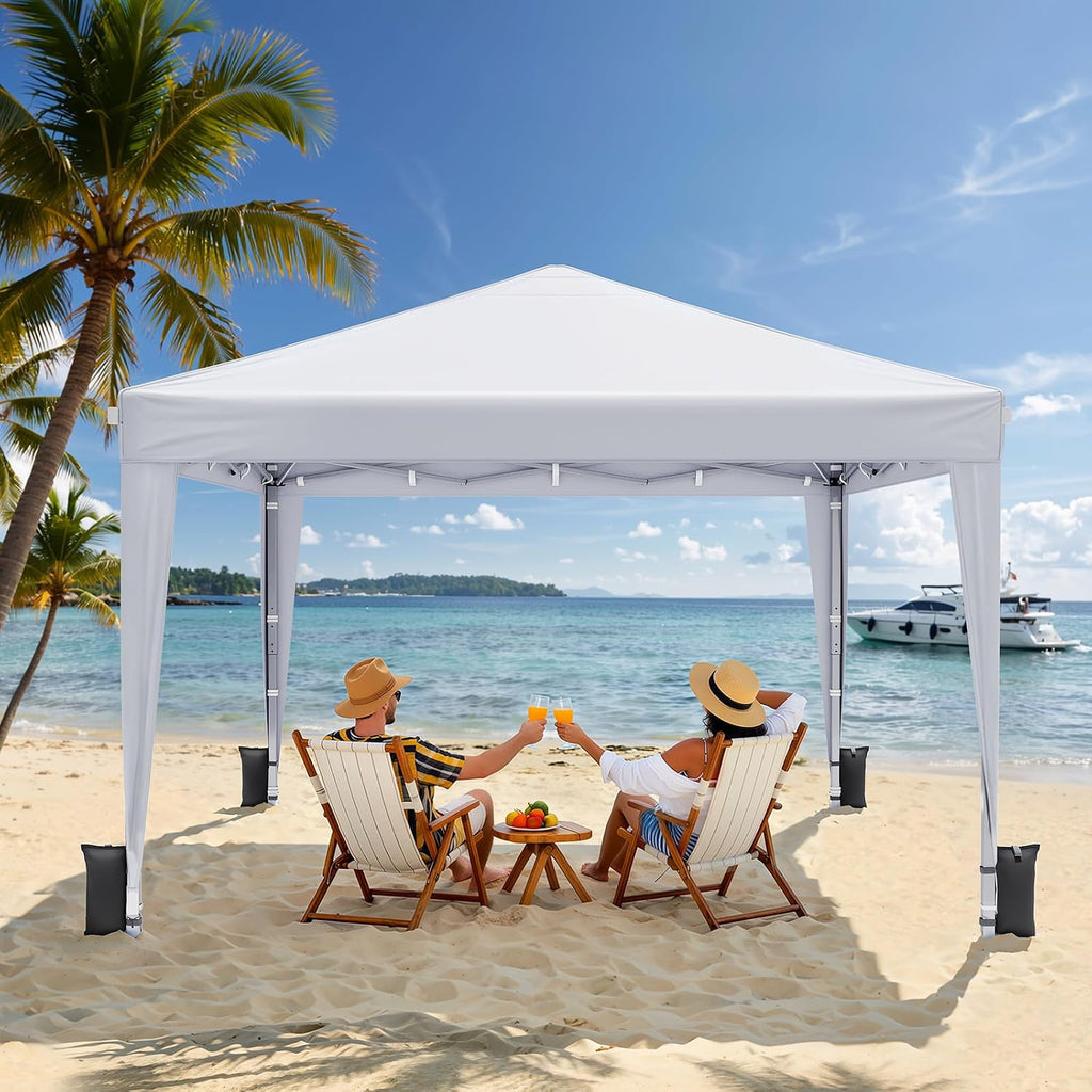 10x10 Pop Up Canopy with Sidewalls, Instant Portable Canopy Tent with Carry Bag Events, Camping, Parties - White