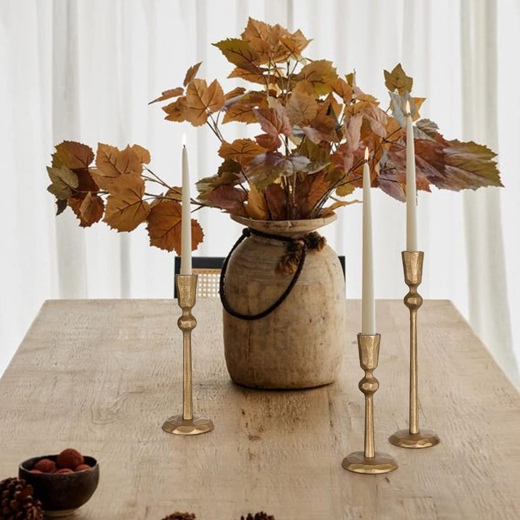 Antique Brass Iron Taper Candle Holder - Set of 3 Decorative Candle Stand, Candlestick Holder for Wedding, Dinning