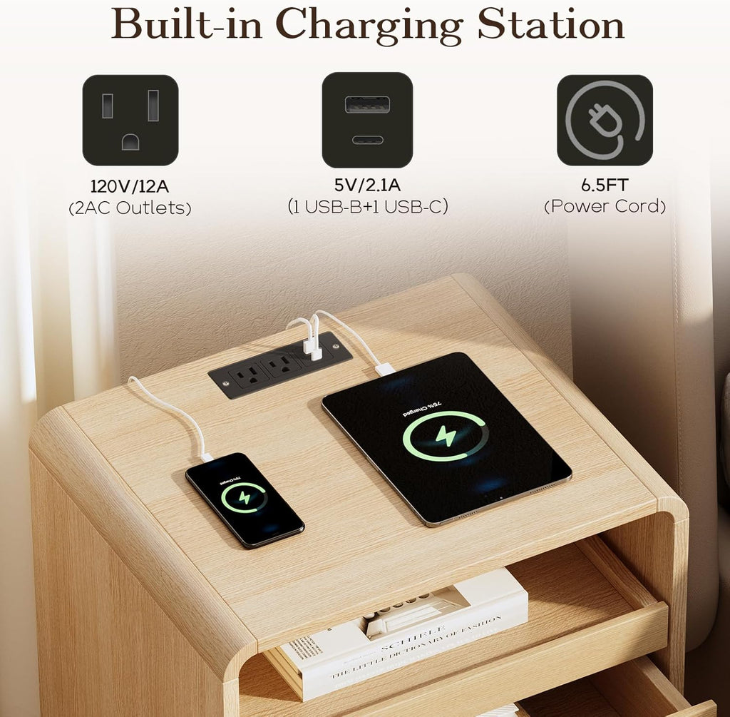 20" Wide Modern Nightstand with Charging Station,2 Drawer End Table with Pull-Out Shelf,Curved Profile Design,Wood