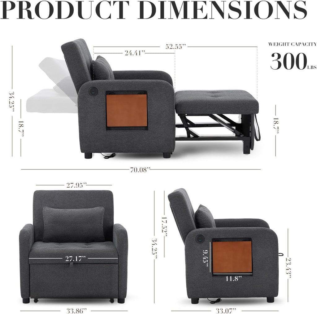 Convertible Sleeper Chair-Fabric Futon Sofa Bed, Single Sleeper Sofa, Small Couch Bed with USB Port, Foldable Table