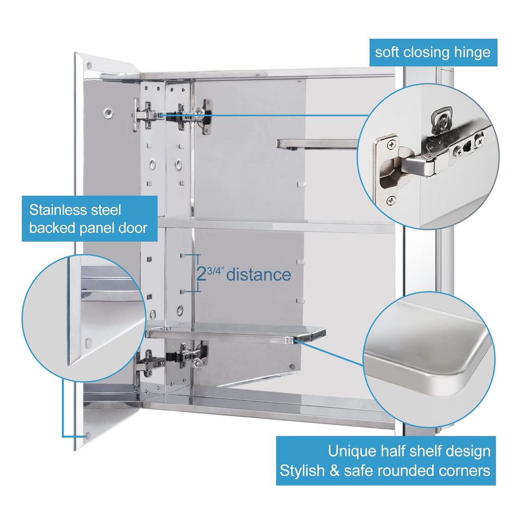 Stainless Steel Medicine Cabinet, Bathroom Mirror Cabinet, Surface Mount and Recess Mount, 23.6 x 25.6 inch, with