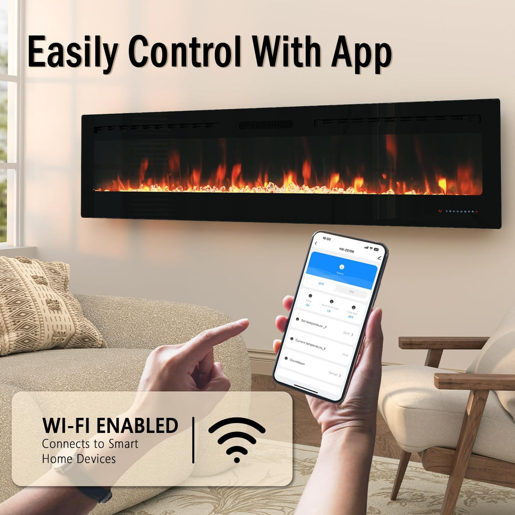 Smart Electric Fireplace - 80 Inch Electric Fireplace Inserts, Wall Mount or in-Wall Recessed Fireplace Heater