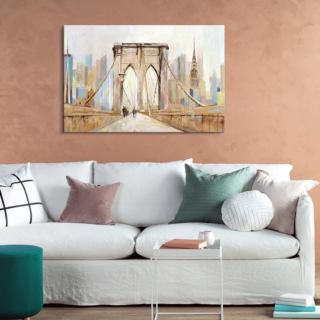 Brooklyn Bridge Wall Art New York City Skyline Painting Modern Abstract Cityscape Framed Artwork Large Canvas Ready