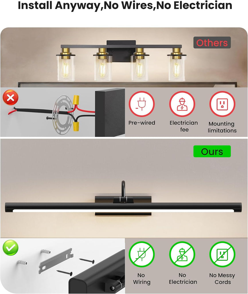 Bathroom Vanity Light Wireless Rechargeable Black 24 inch Black | 10000mAh Rechargeable Battery, 500LM Dimmable, 3