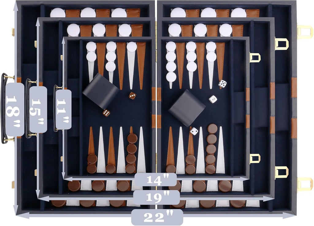 Backgammon Set - Classic Board Game with Premium PU Leather Case - Portable Travel Strategy Backgammon Game Set