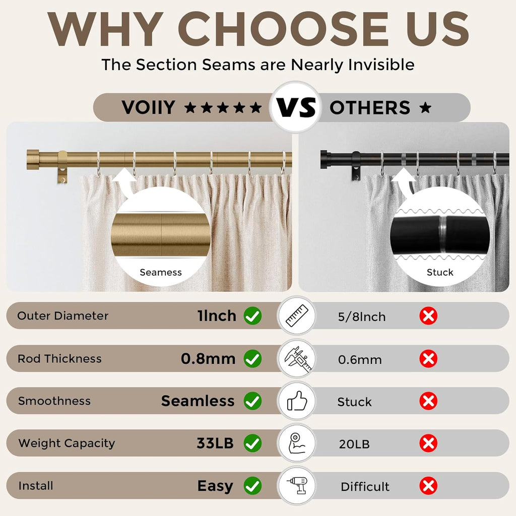 Warm Gold Curtain Rod, Heavy Duty Brass Curtain Rods for Window, 1" Diameter Adjustable Window