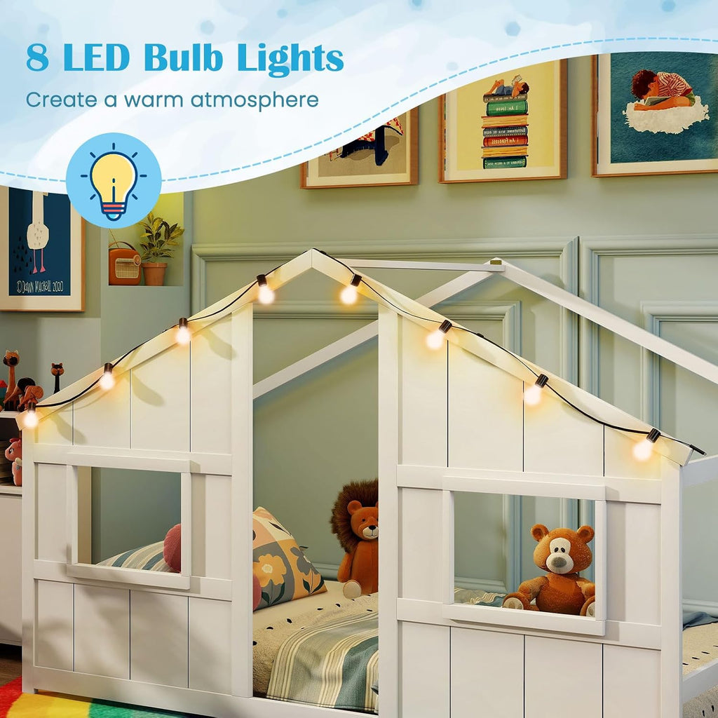 Twin Kids House Bed with Light Bulbs, Wooden Montessori Floor Bed Frame with Roof & Windows, Twin Floor Bed for Kids