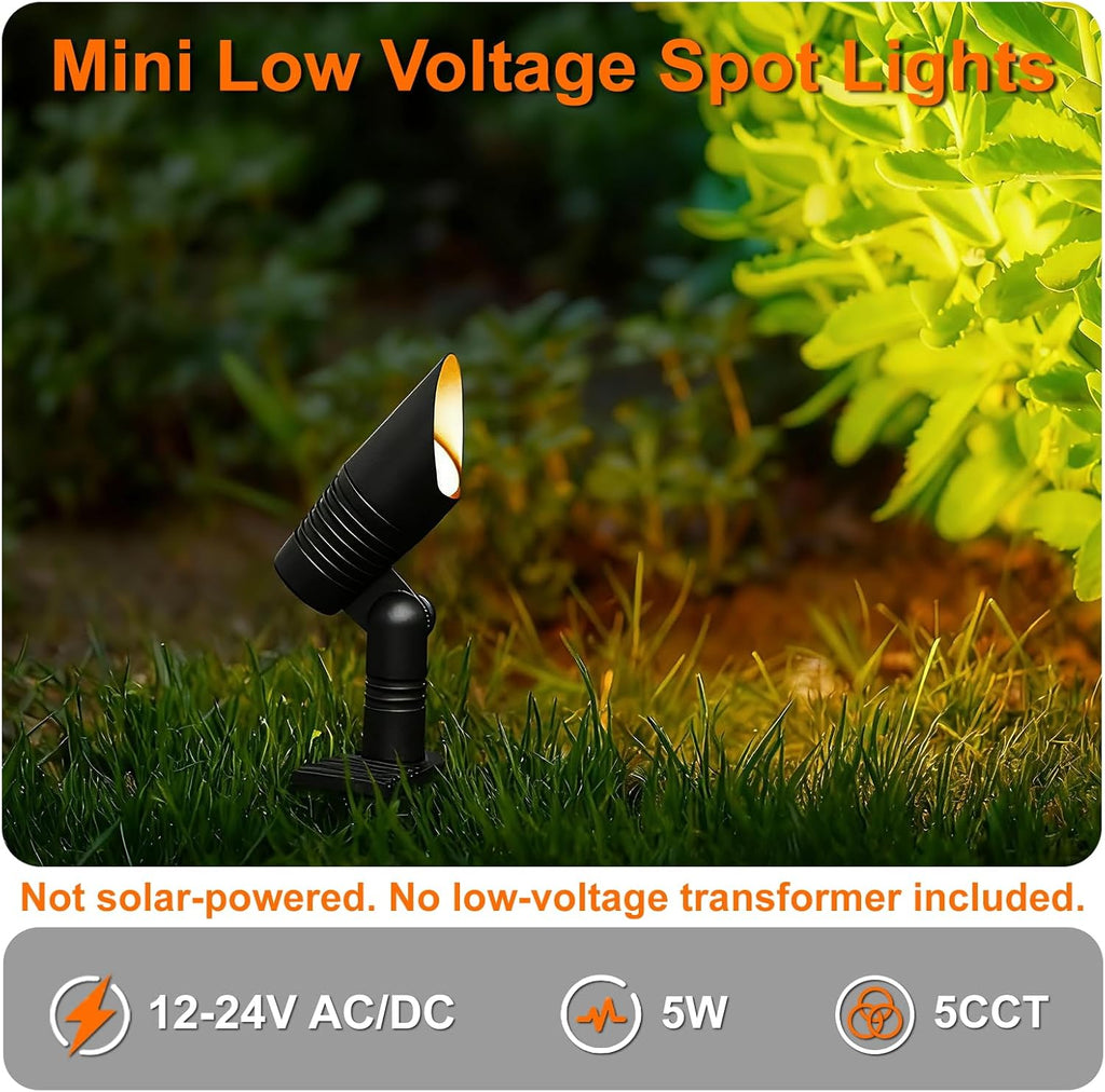 Mini 12V Wired LED Low Voltage Landscape Spot Lights Outdoor | 5 CCT Selectable, 60° Beam Angle, 5W Small Landscape