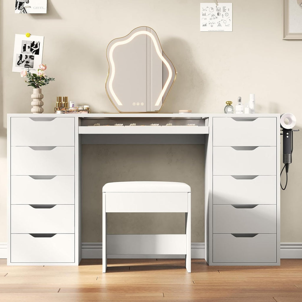 55" Vanity Desk Without Mirror, 10-Drawer Glass Top Makeup Vanity with Slide-Out Tray & Charging Station, Vanity Set