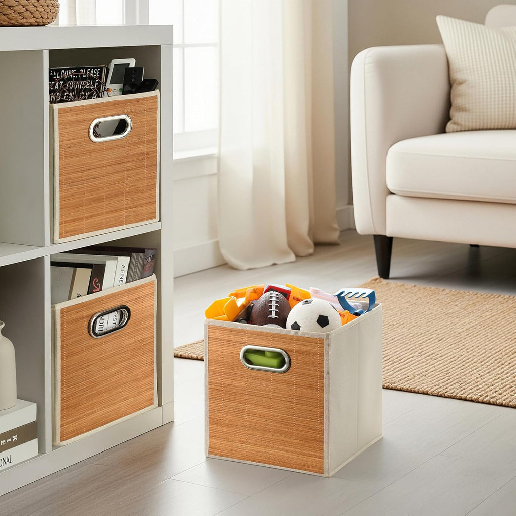10.5x10.5in Bamboo Storage Cubes Storage Baskets, 6-Pack Foldable Handwoven Bamboo Strip Wicker Basket, Wicker Cube