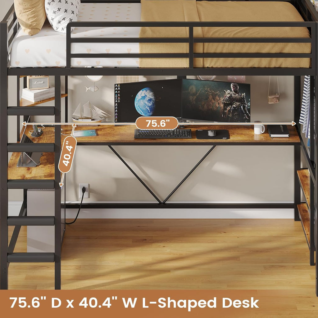 Loft Bed Twin with Hall Tree, Charging Station and LED Lights, Metal Loft Bed with L-Shaped Desk, 5 Storage Drawers