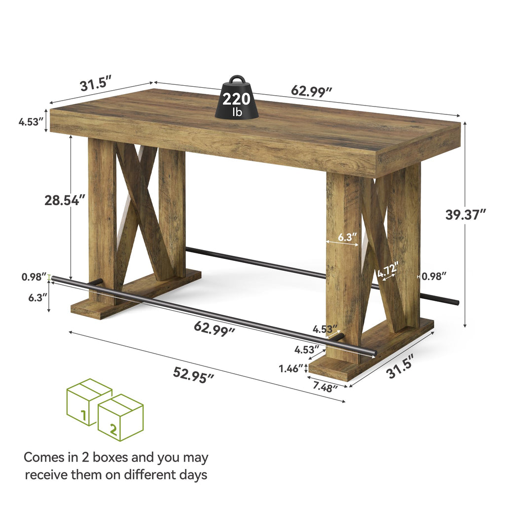 63" Bar Table, Pub Table with Metal Footrest (Rustic Brown, 1)