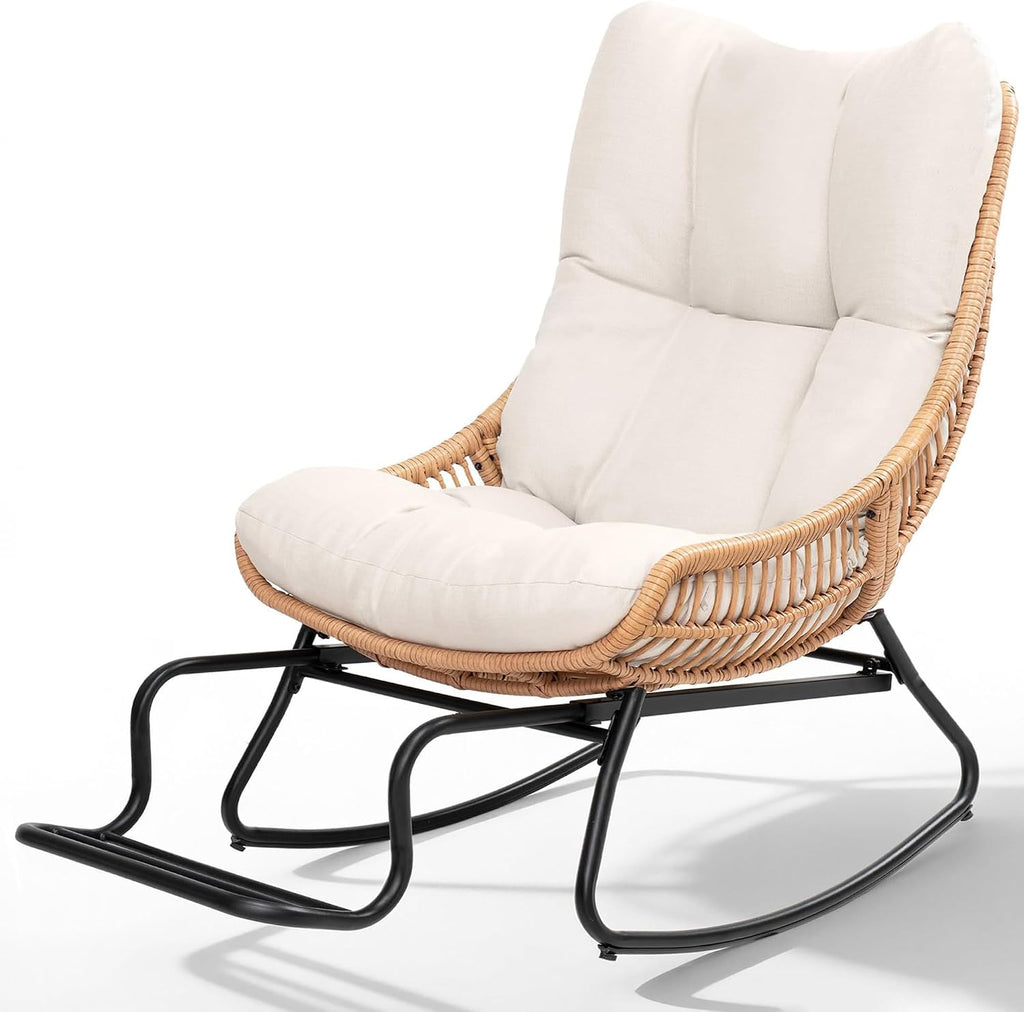 Outdoor Rocking Papasan Chair with Adjustable Footrest, Patio Egg Rocking Chair with Thick Cushion, Steel Frame
