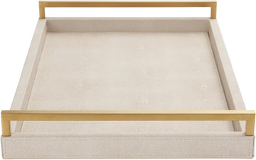 Ivory Shagreen Leather Serving Tray with Gold Handles-17.7x11.8 Inch Large Wooden Decorative Ottoman Tray fro Coffee