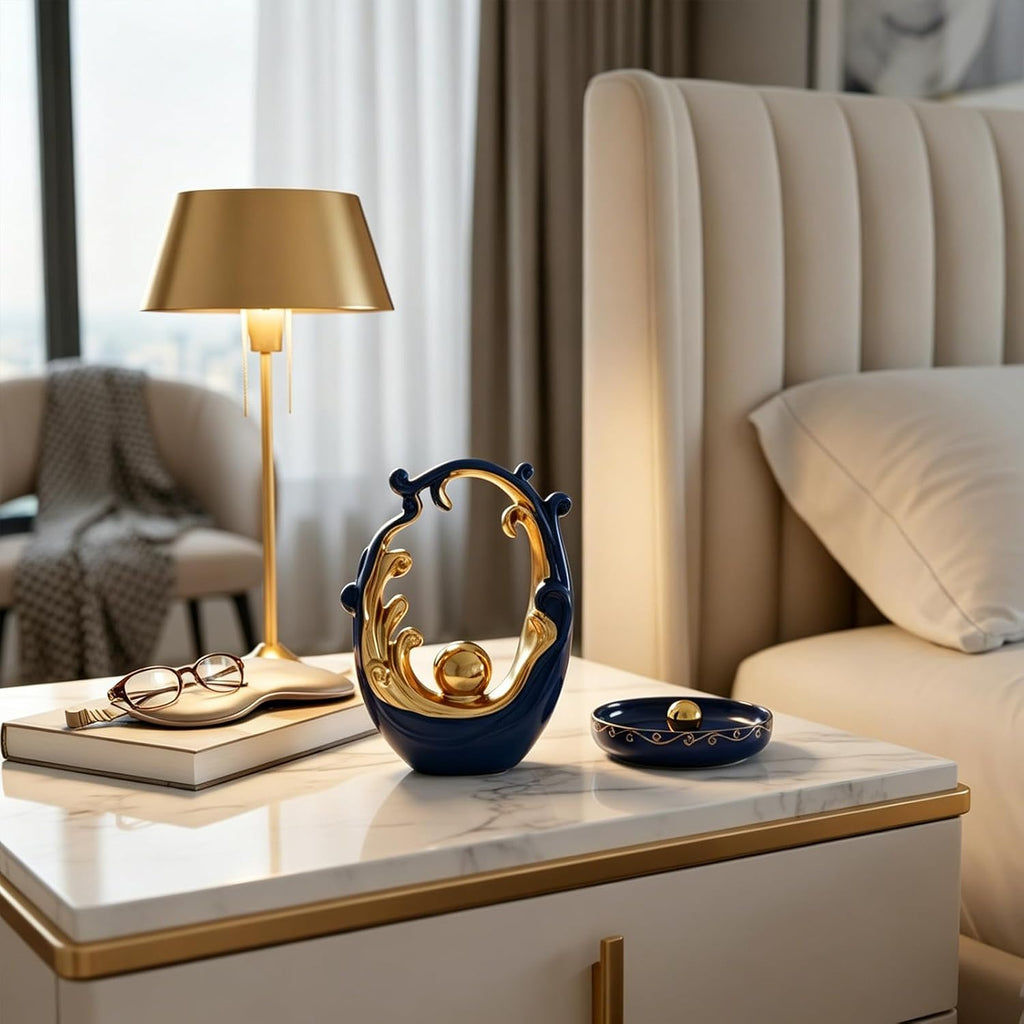 Navy Blue Gold Aesthetic Room Decor Accent, TV Stand Funky Table Centerpiece, Abstract Art Ceramic Statue and