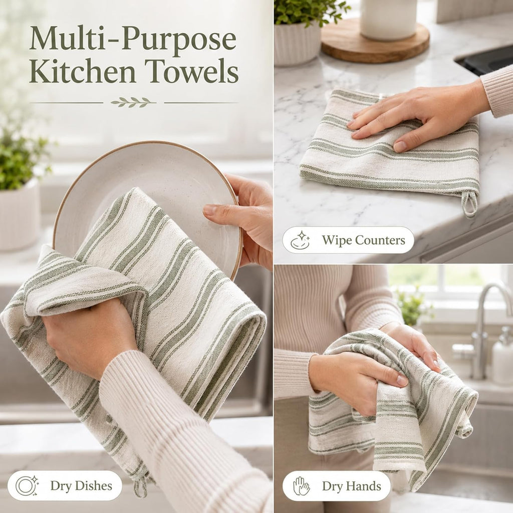 4 Pack Rustic Cotton Linen Kitchen Towels 27.2 x 17.3 inch Natural Farmhouse Sage Green Stripe Dishcloths Absorbent