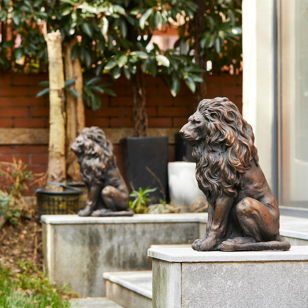 24"BronzeLion Garden Statue,Large Sitting Lion Sculpture With Weighted Base,Regal Entrance Guardian For Front