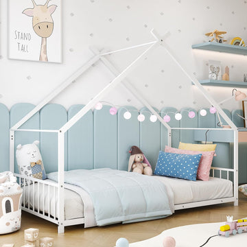 Twin Size Metal Toddler Floor Bed with Slats & Fence, White | Metal Montessori Bed, Roof/House/Canopy Bed Frame for