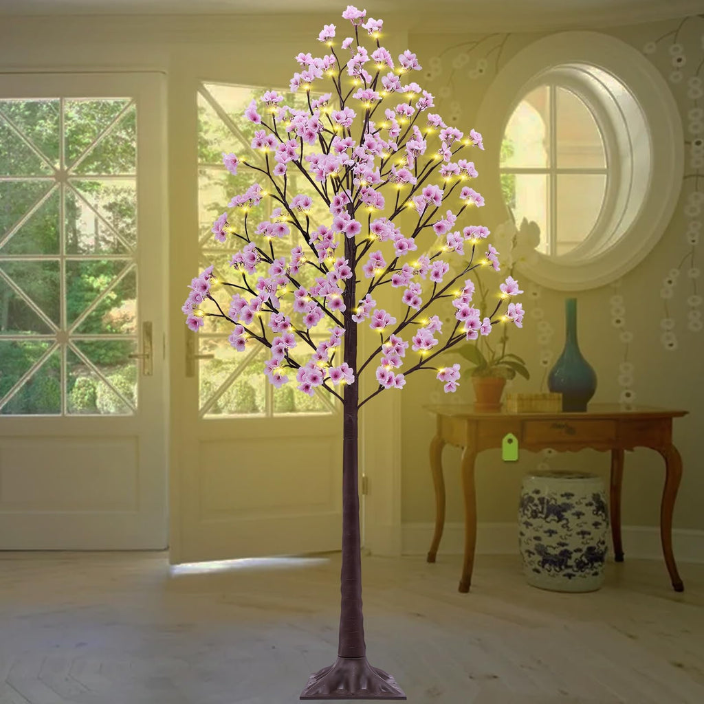 6FT Lighted Cherry Blossom Tree - Faux Artificial Light Up Cherry Blossom Trees with 112 Lights, 336 Lush Flowers