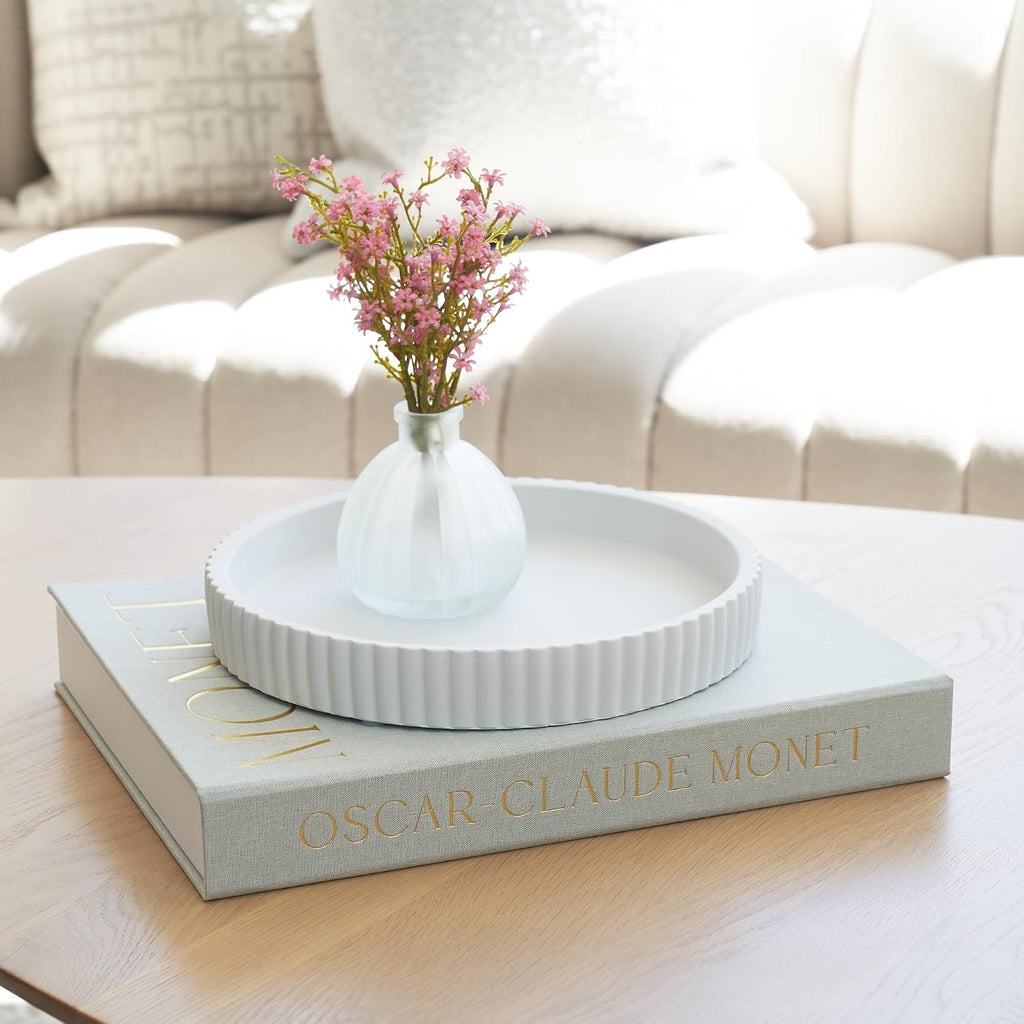 Decorative Concrete Tray & Book Decor Set - Scalloped Tray & Linen Box Enhance Your Coffee Table or Bookshelf Decor