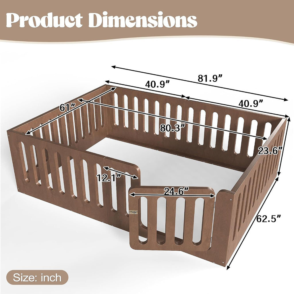 Queen Floor Bed with Door for Kids, Queen Size Floor Bed with High Fence, Wooden Montessori Beds for Kids, Deep