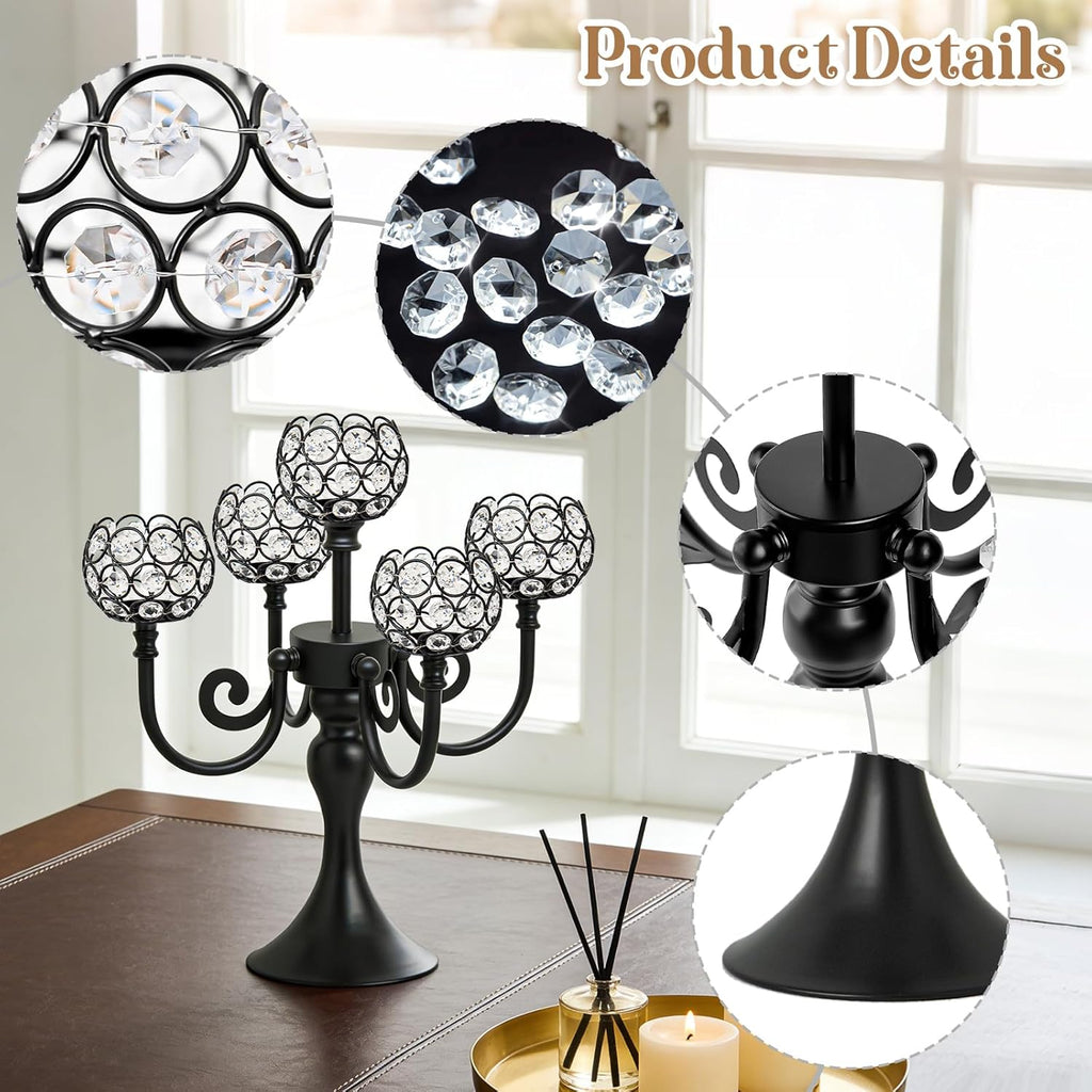 5 Arm Metal Crystal Candelabra Centerpiece - 13.4 Inch Elegant Candle Holder with Crystal Beadsable Decoration (2