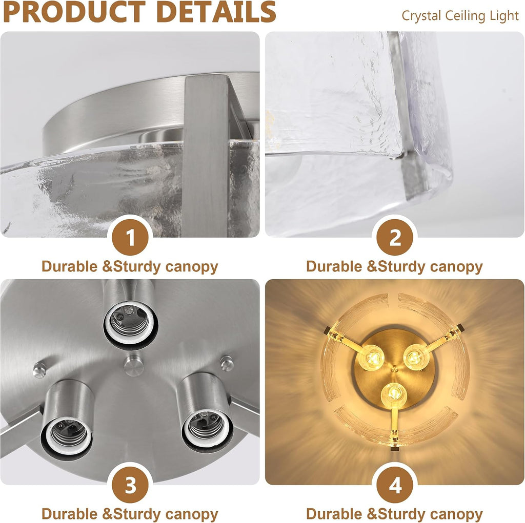 Brushed Nickel 3-Light Semi Flush Mount Ceiling Light, 15'' Modern Dimmable Hallway Fixture with Hammered Glass