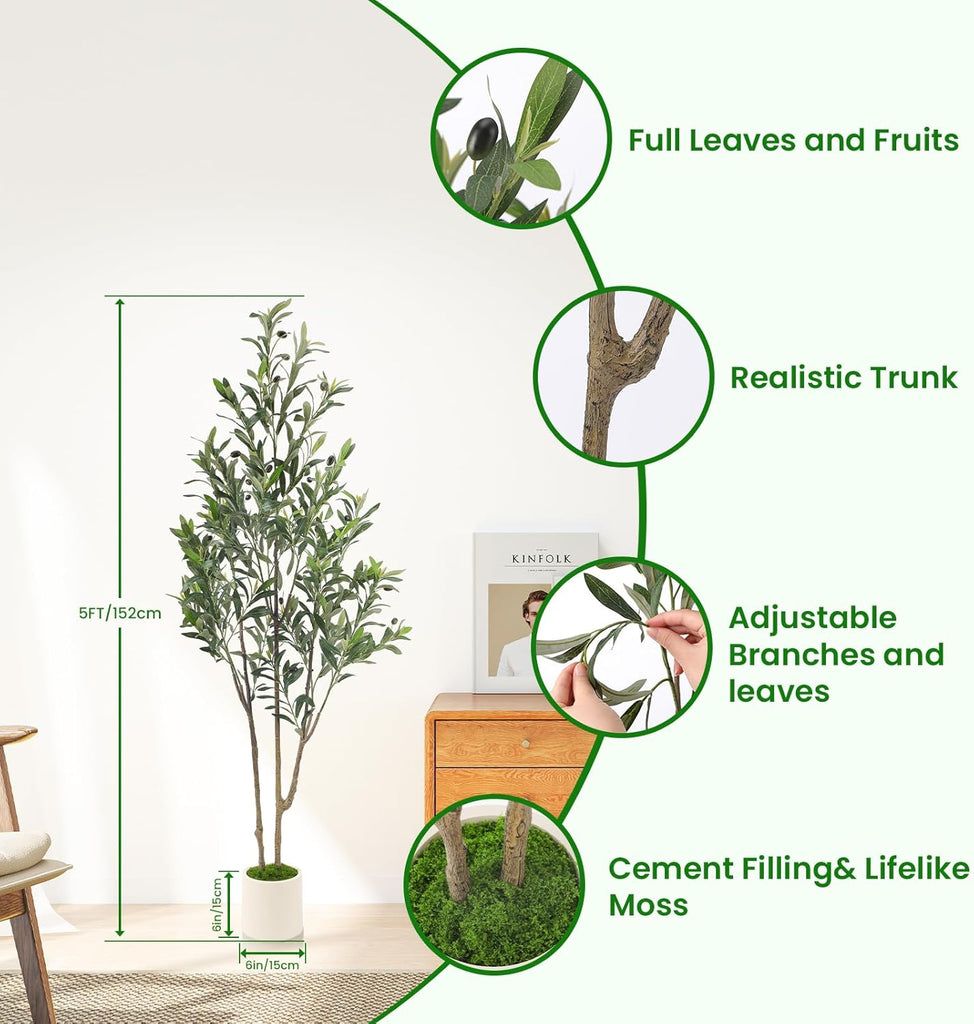 5ft Olive Trees Artificial Indoor & Outdoor, Faux Olive Tree with Lively Artificial Trunk and Lifelike Fruits, Fake