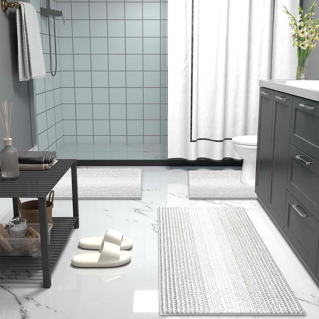 Bathroom Rugs 30x20, Soft Chenille Striped Bath Rugs, Light Grey | Extra Absorbent, Rubber Backing, Machine Wash Dry