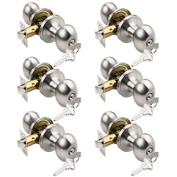 6 Pack Brushed Nickel Door Knob with Lock and Key, Egg Shaped Oval Door Knob Keyed Alike Doorknob /Bathroom/Office