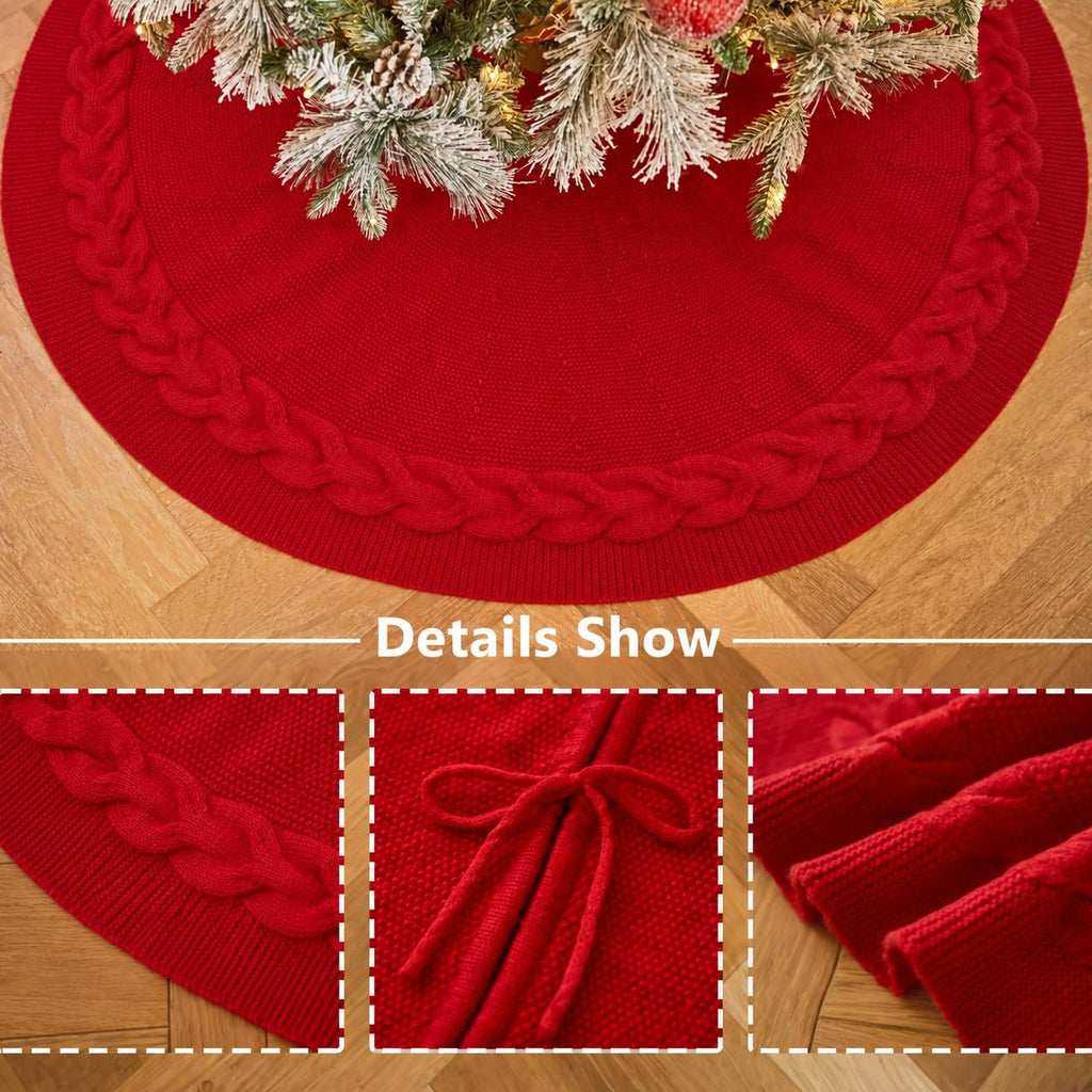 60 Inch Red Knitted Christmas Tree Skirt