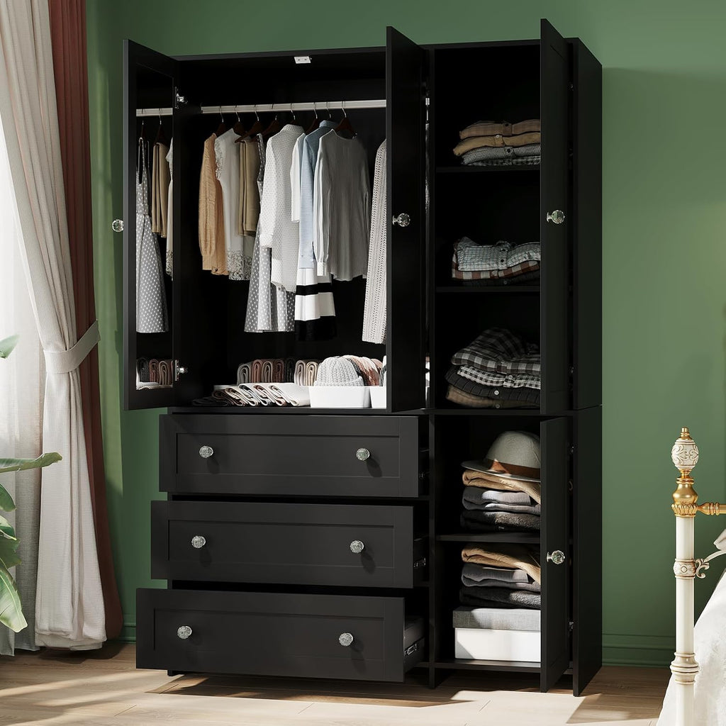 71" Armoire Wardrobe Closet with 3 Drawers and Mirror | Clothing Storage Cabinet with Hanging Rod, 4 Doors Wooden