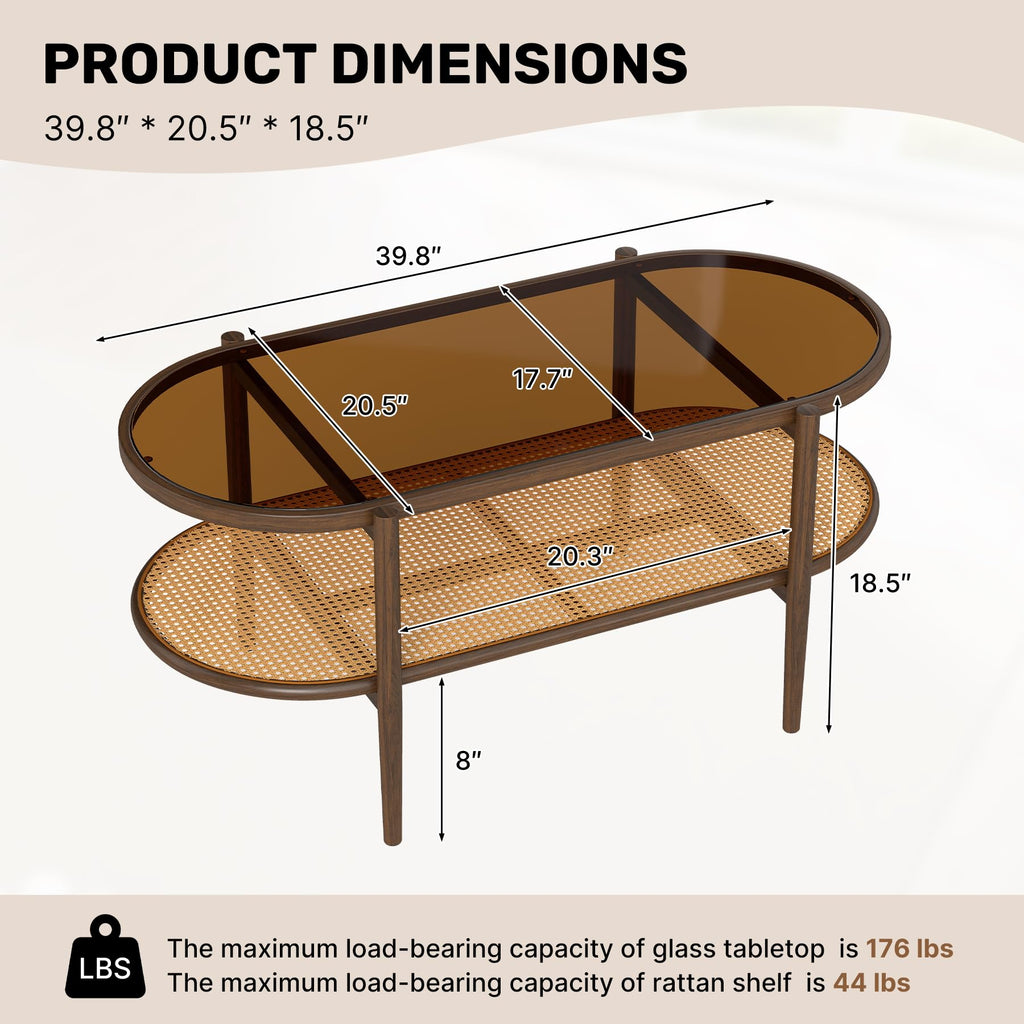Boho Oval Coffee Table with Storage Shelf, 2-Tier Tempered Glass