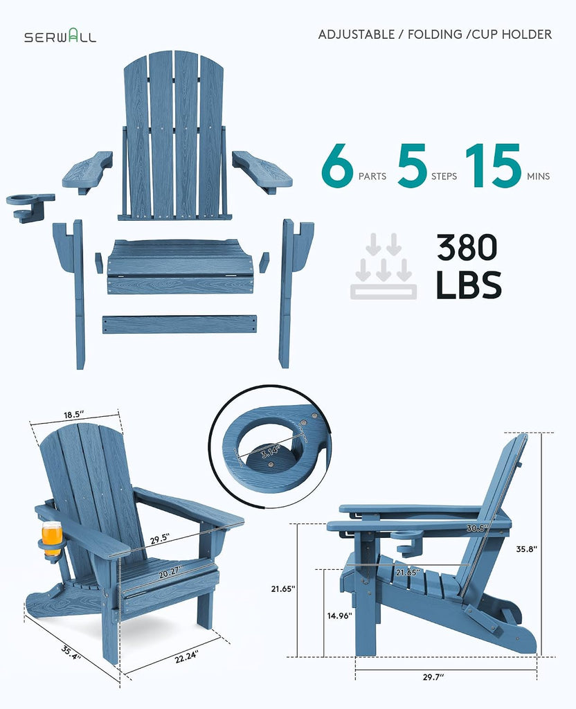 Folding Adjustable Adirondack Chairs Set of 2, Cup Holders, Blue | Adirondack Chair with 3 Recline Positions, All