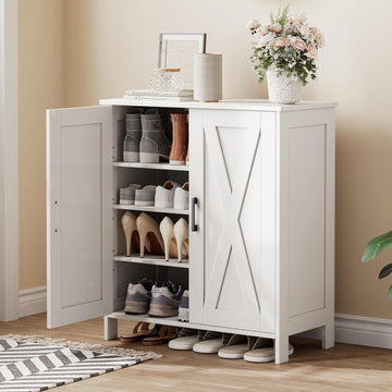 Farmhouse Shoe Cabinet with 2 Barn Doors & Wood Legs, 5-Tier Shoe Storage Cabinet with 3 Adjustable Shelves, Tall