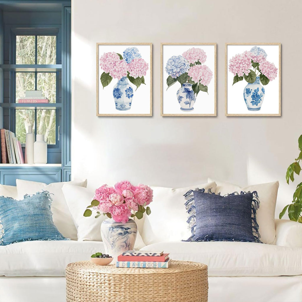 OAK Wood Framed Wall Art Pink And Blue Floral Canvas Wall Art Chinoiserie Flower Pictures Wall Decor Set of 3