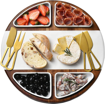 Upgraded Lazy Susan Cheese Cutting Board Set - Round Acacia Charcuterie Board with 4 Ceramic Bowls - Wedding Gifts