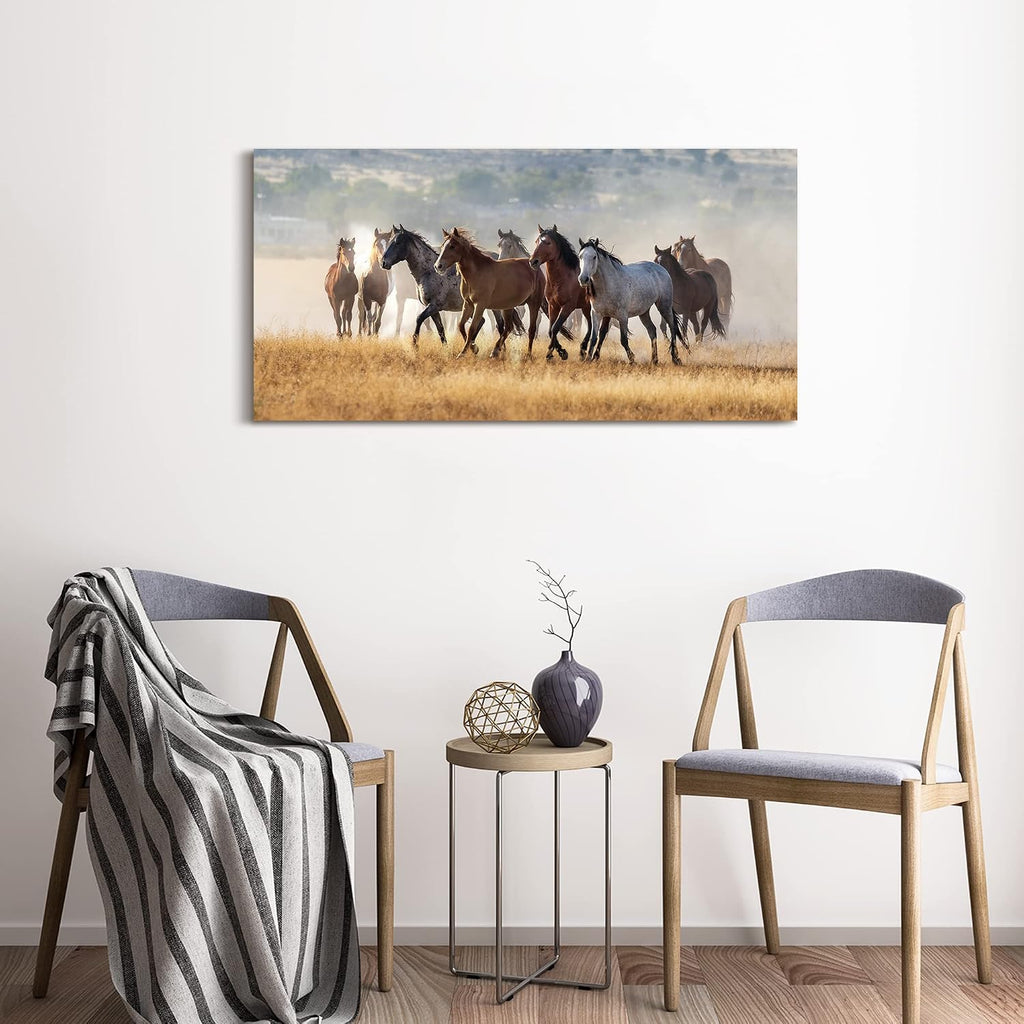 Rustic Horses Wall Art Decor: Western Farm Equine Canvas Picture Wild Animals Walking on Empty Grassland Farmhouse
