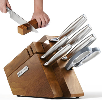 Kitchen Knife Set with Block and Detachable Sharpener | 8-Piece High Carbon Stainless Steel Knife Block Set, Fully
